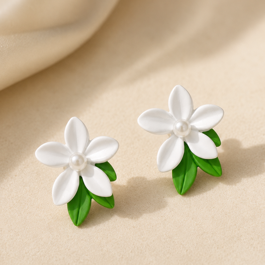 Nature Inspired White Green Floral Stud Earrings