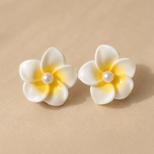 White & Yellow Plumeria Pearl Floral Earring
