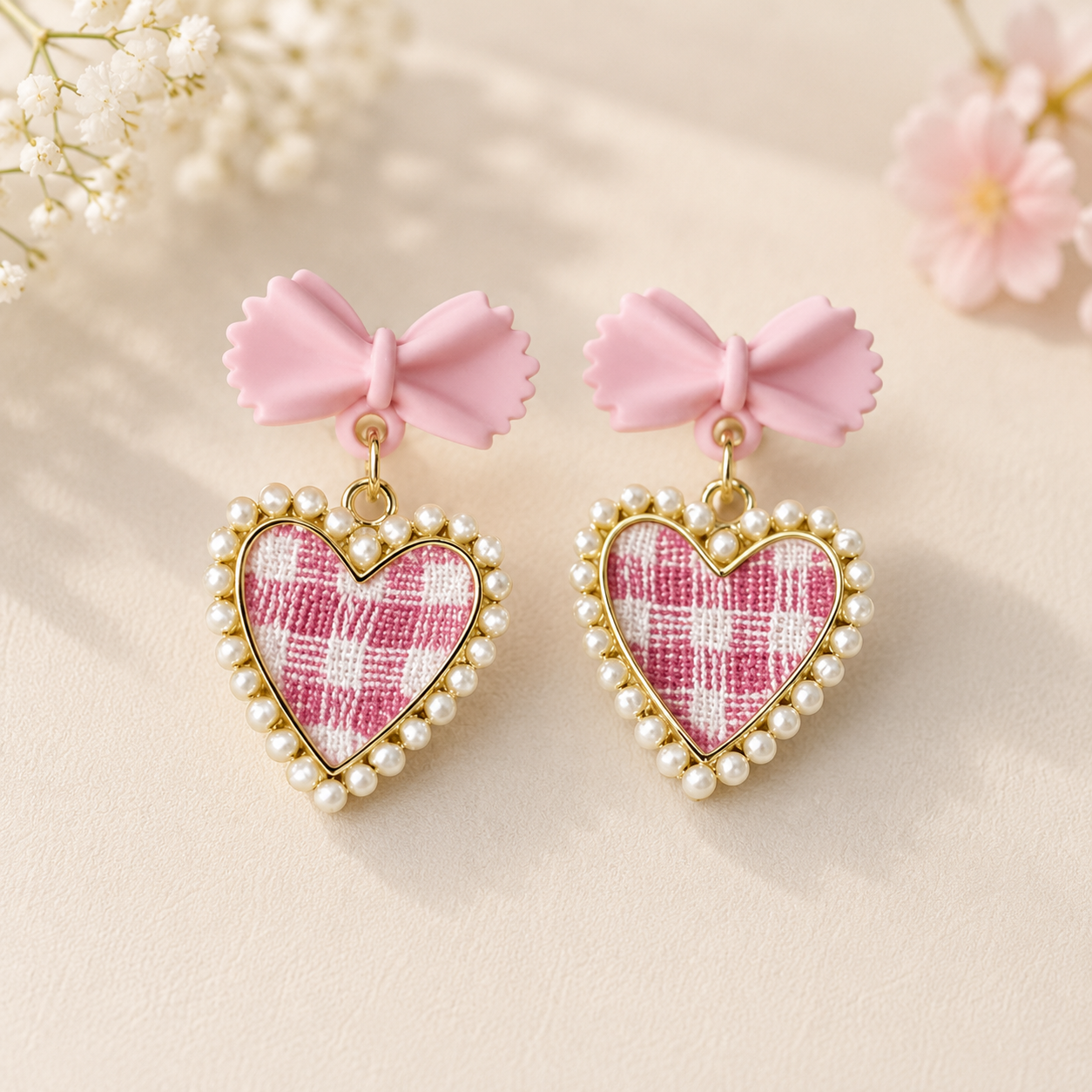 Pink Bow Heart Checkered Earrings
