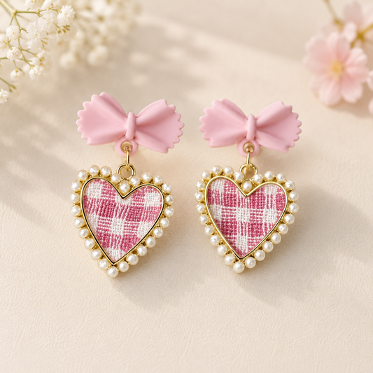 Pink Bow Heart Checkered Earrings