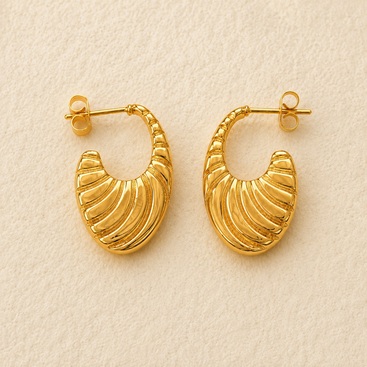 18K Gold Plated Ribbed Hoop Waterproof Earrings