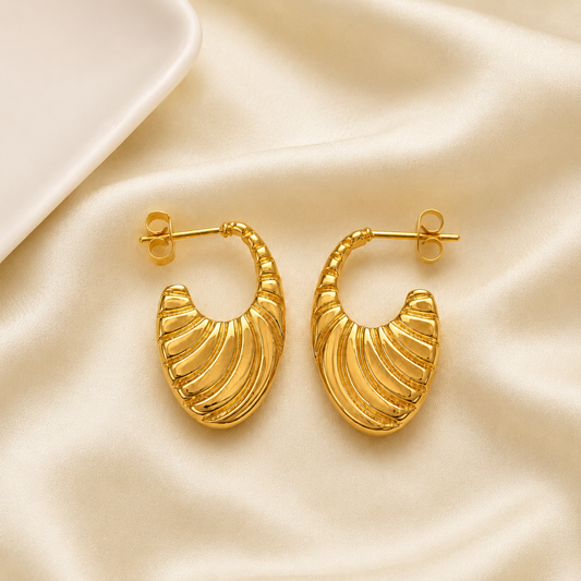 18K Gold Plated Ribbed Hoop Waterproof Earrings