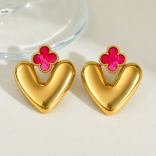 18K Gold Plated Puffy Heart & Pink Clover Earrings