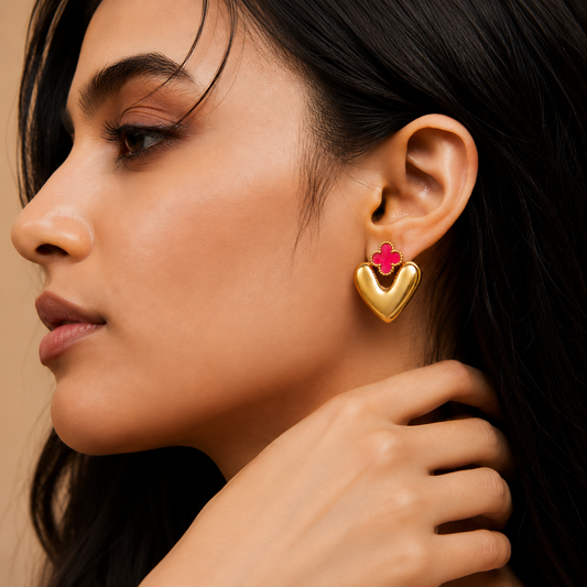 18K Gold Plated Puffy Heart & Pink Clover Earrings