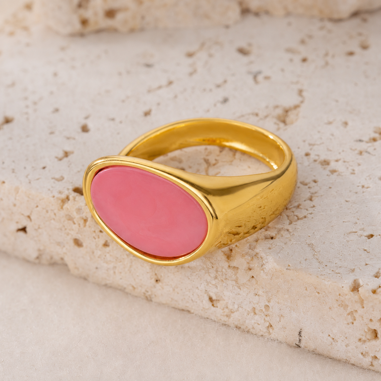 18K Gold Plated Pink Oval Stone Gold Ring for Women