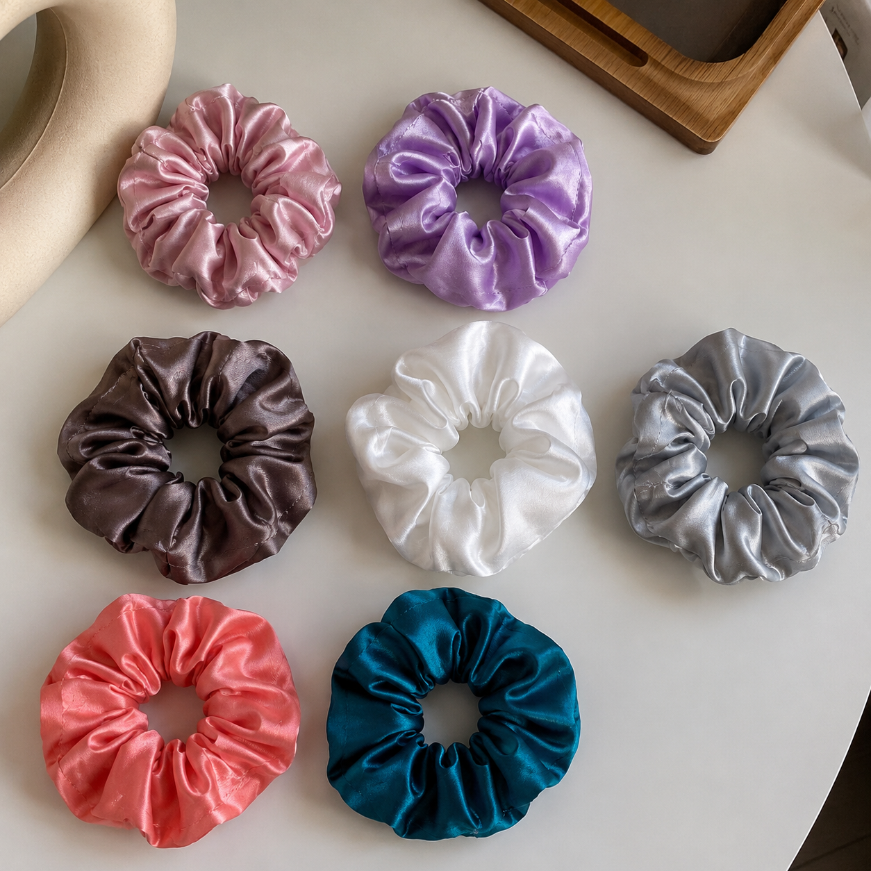 Set of 7 White Satin Scrunchies for Women & Girls – Soft Silk Hair Ties