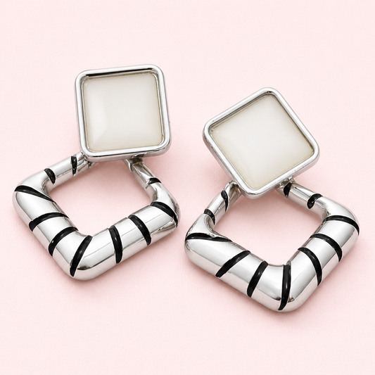 Silver Geo Square Drop Earrings