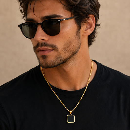 Men-18K Gold Plated Anti Tarnish Black Square Charm Chain
