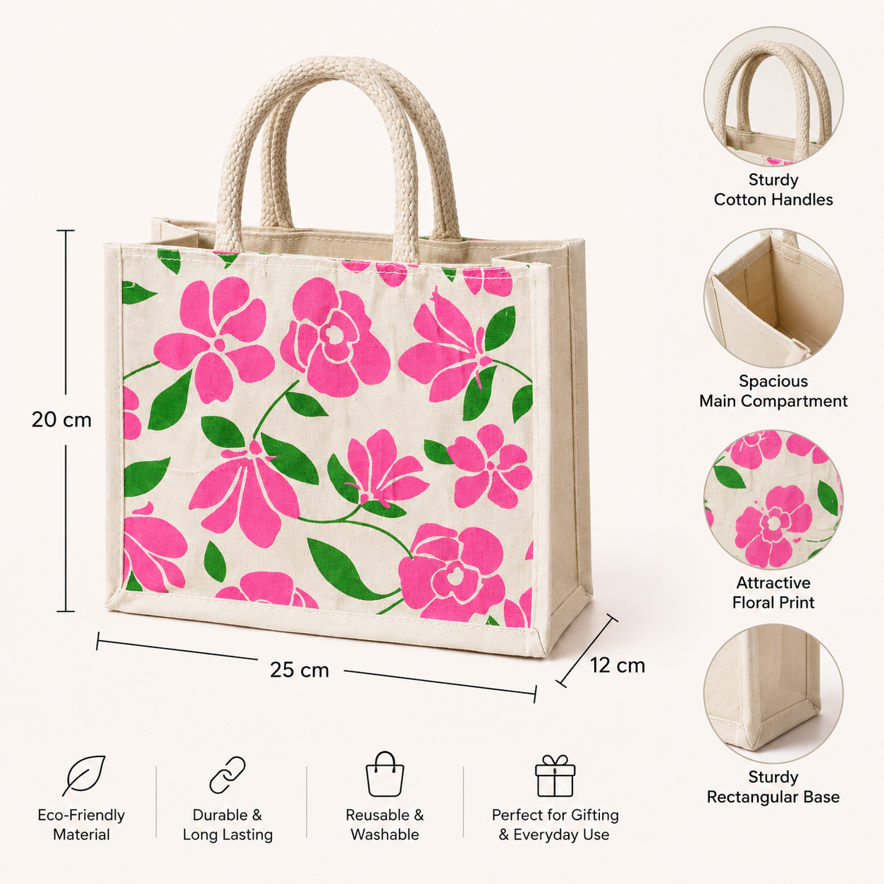 Bright Flower Design Eco-Friendly Jute Bag