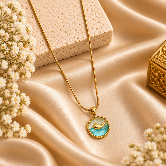 18K Gold Plated Whale Pendant Necklace with Blue Enamel Design