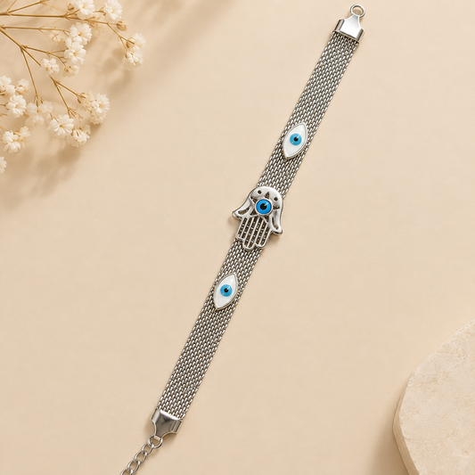 Silver Hamsa Evil Eye Mesh Bracelet