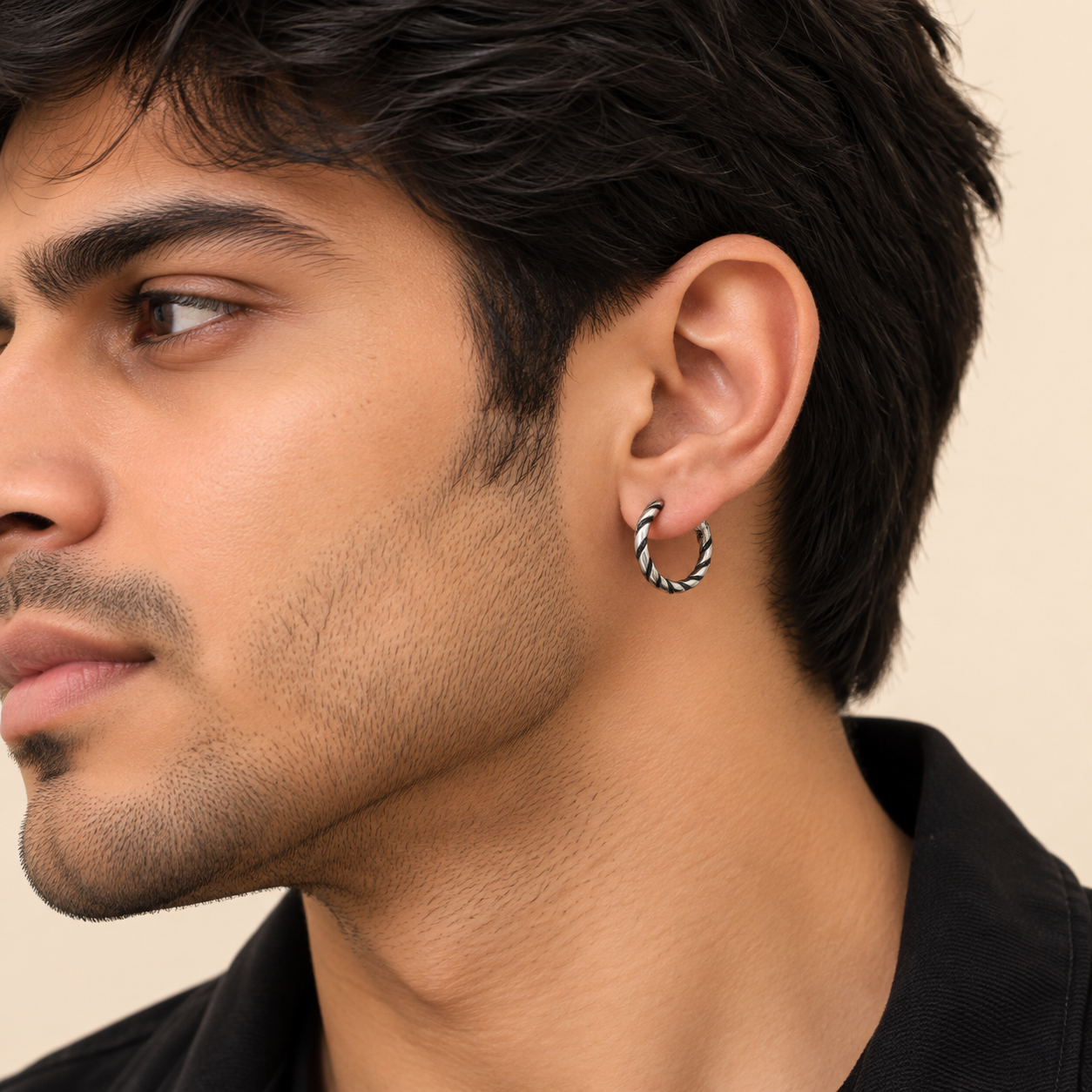 Men-Silver Black Toned Hoop Earring