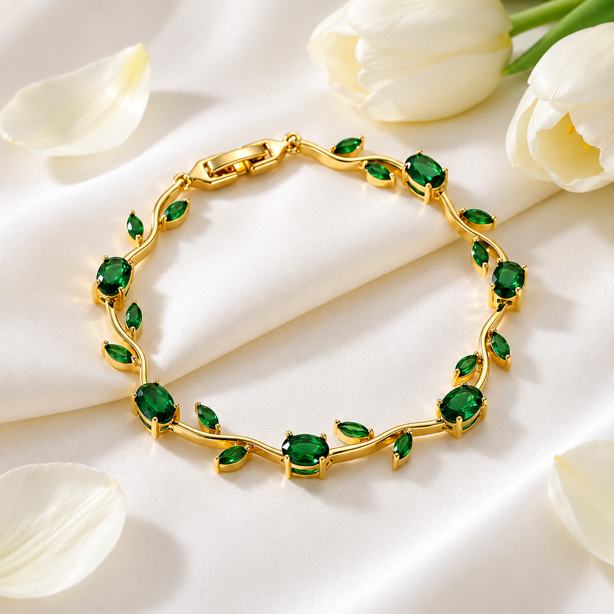 18K Gold Plated Emerald Green Tulip Vine Bracelet