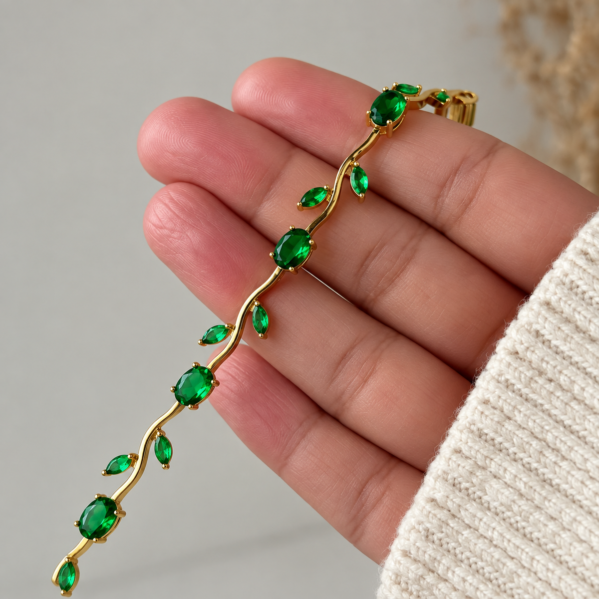 18K Gold Plated Emerald Green Tulip Vine Bracelet