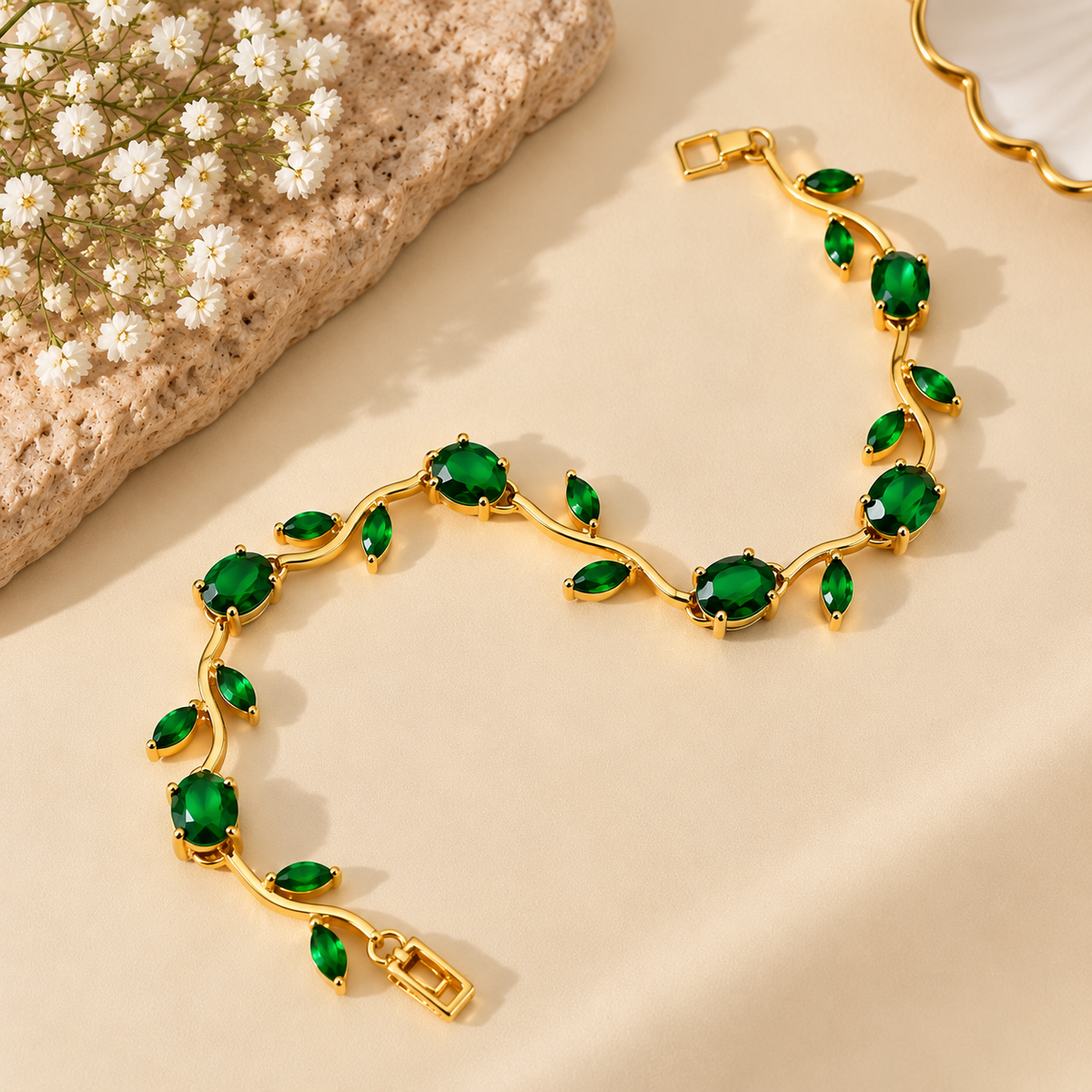 18K Gold Plated Emerald Green Tulip Vine Bracelet