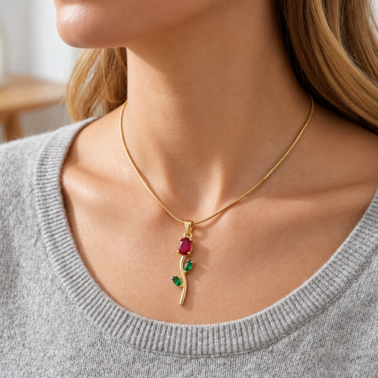 18K Gold Plated Ruby Rose Pendant Necklace