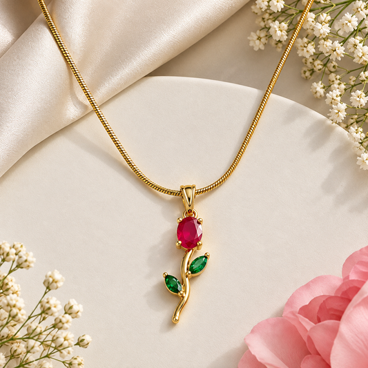 18K Gold Plated Ruby Rose Pendant Necklace