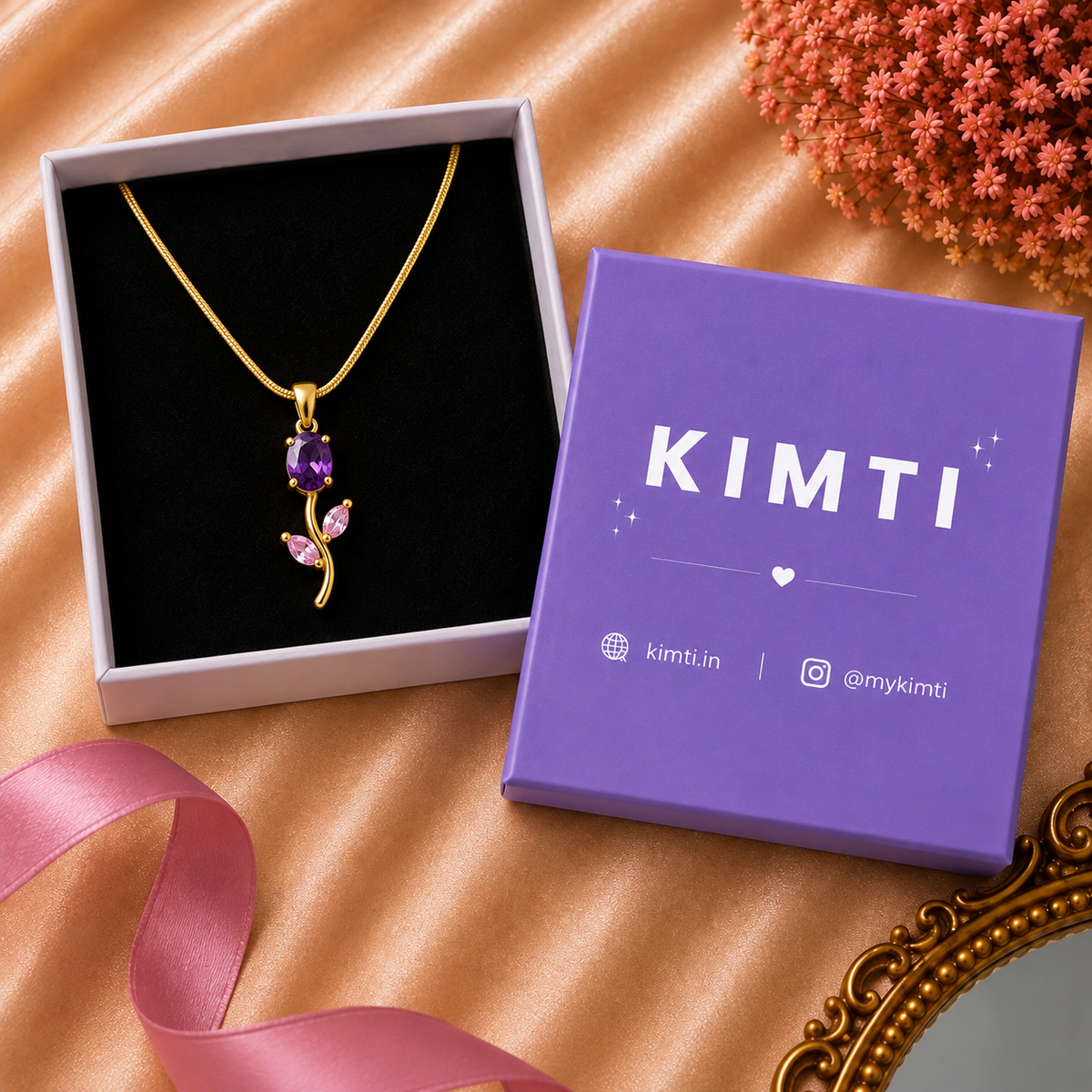 18K Gold Plated Purple Bloom Leaf Pendant Necklace