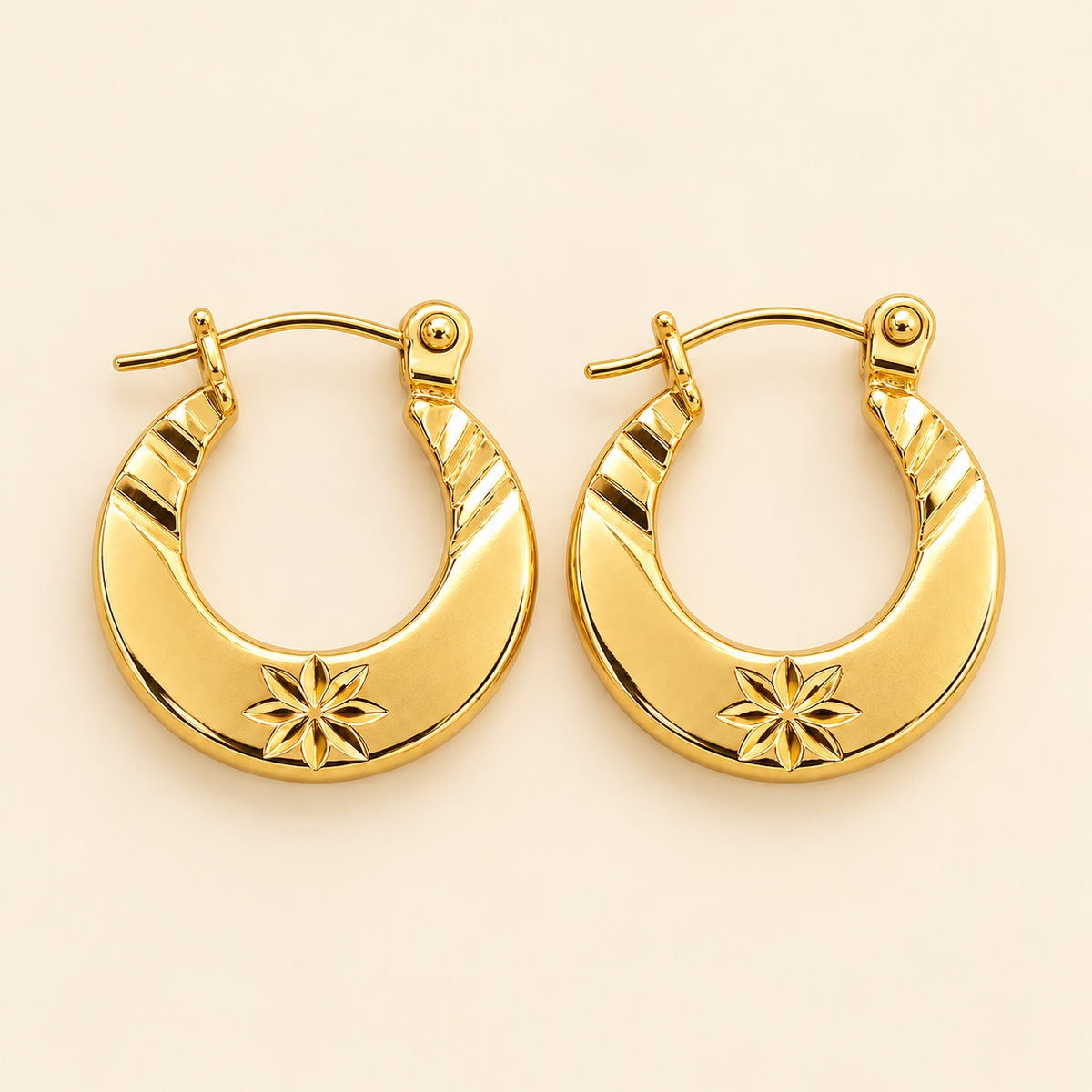 18K Gold Plated Floral Crescent Hoop Earrings