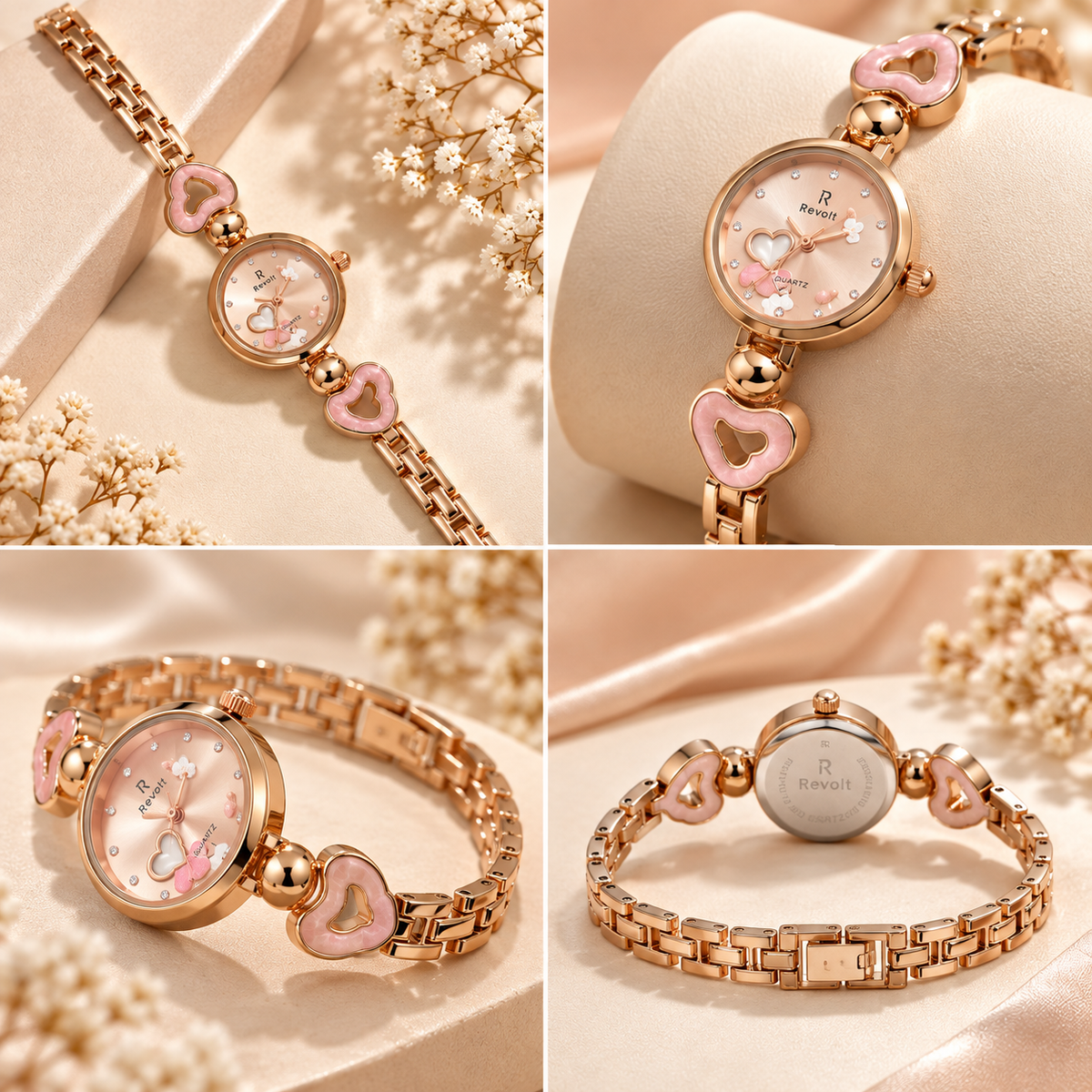 18K Rose Gold Plated Pink Heart Charm Bracelet Watch