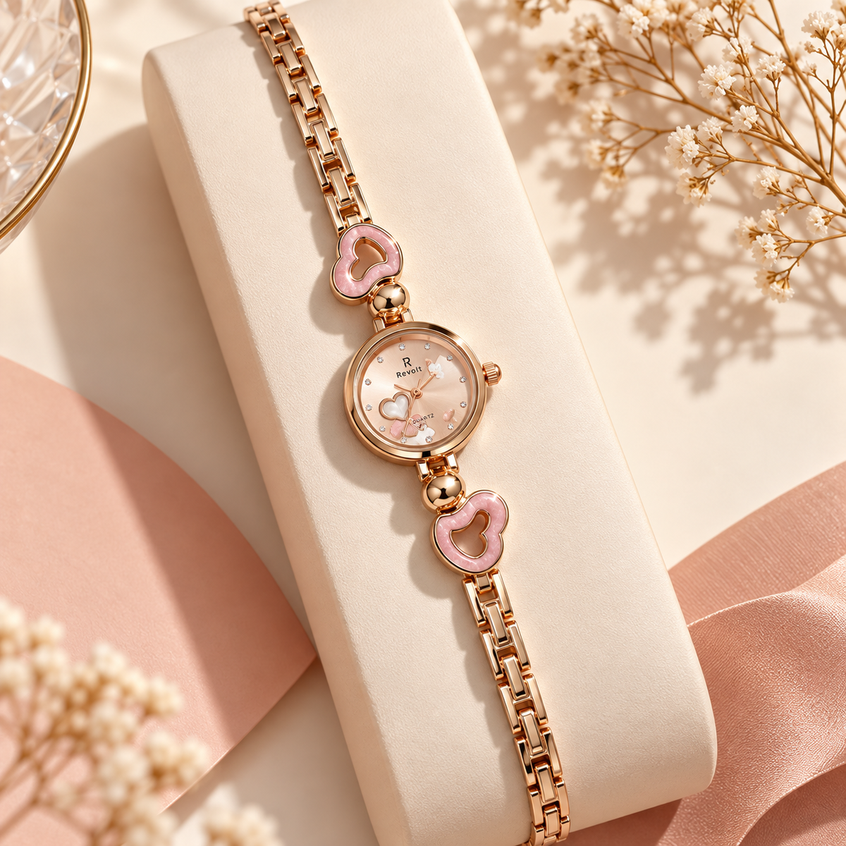 18K Rose Gold Plated Pink Heart Charm Bracelet Watch