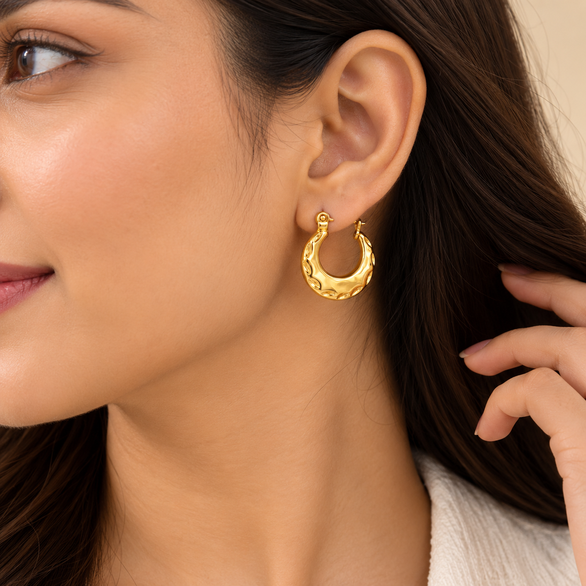 18K Gold Plated Textured Crescent Hoop Earrings