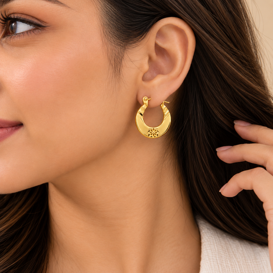 18K Gold Plated Floral Crescent Hoop Earrings