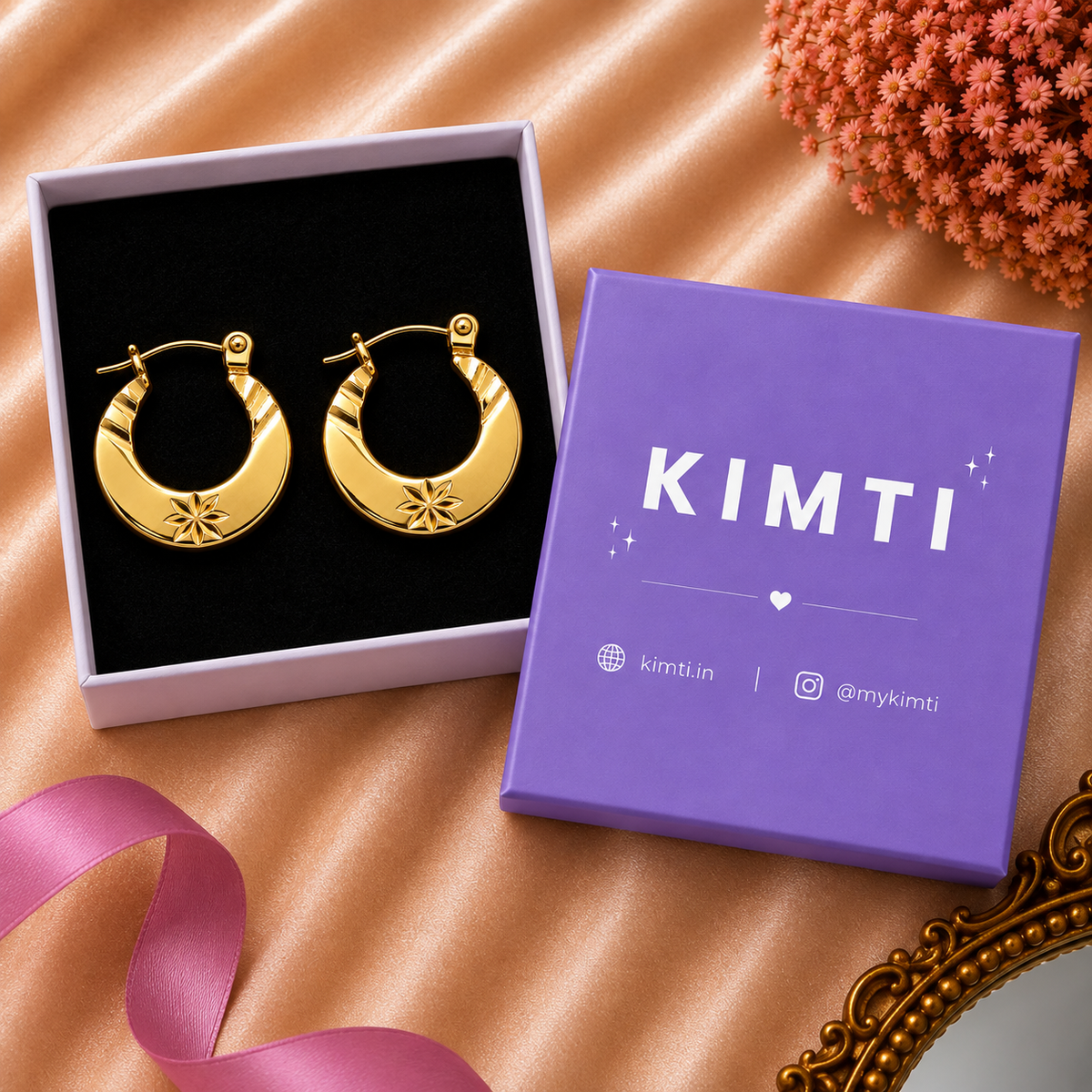 18K Gold Plated Floral Crescent Hoop Earrings