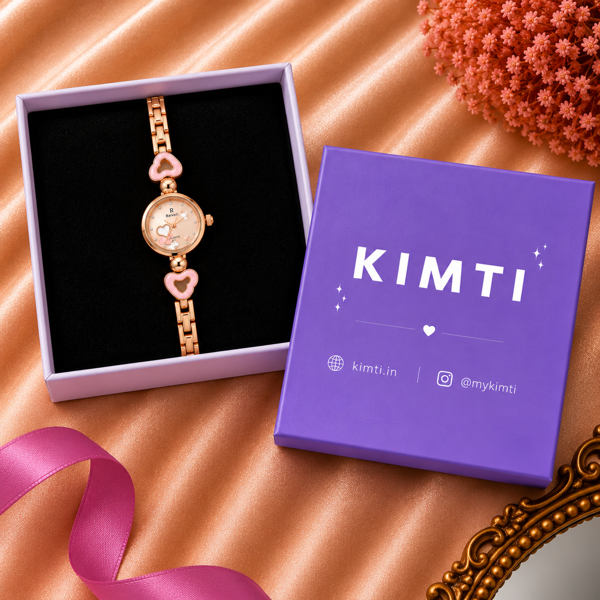 18K Rose Gold Plated Pink Heart Charm Bracelet Watch