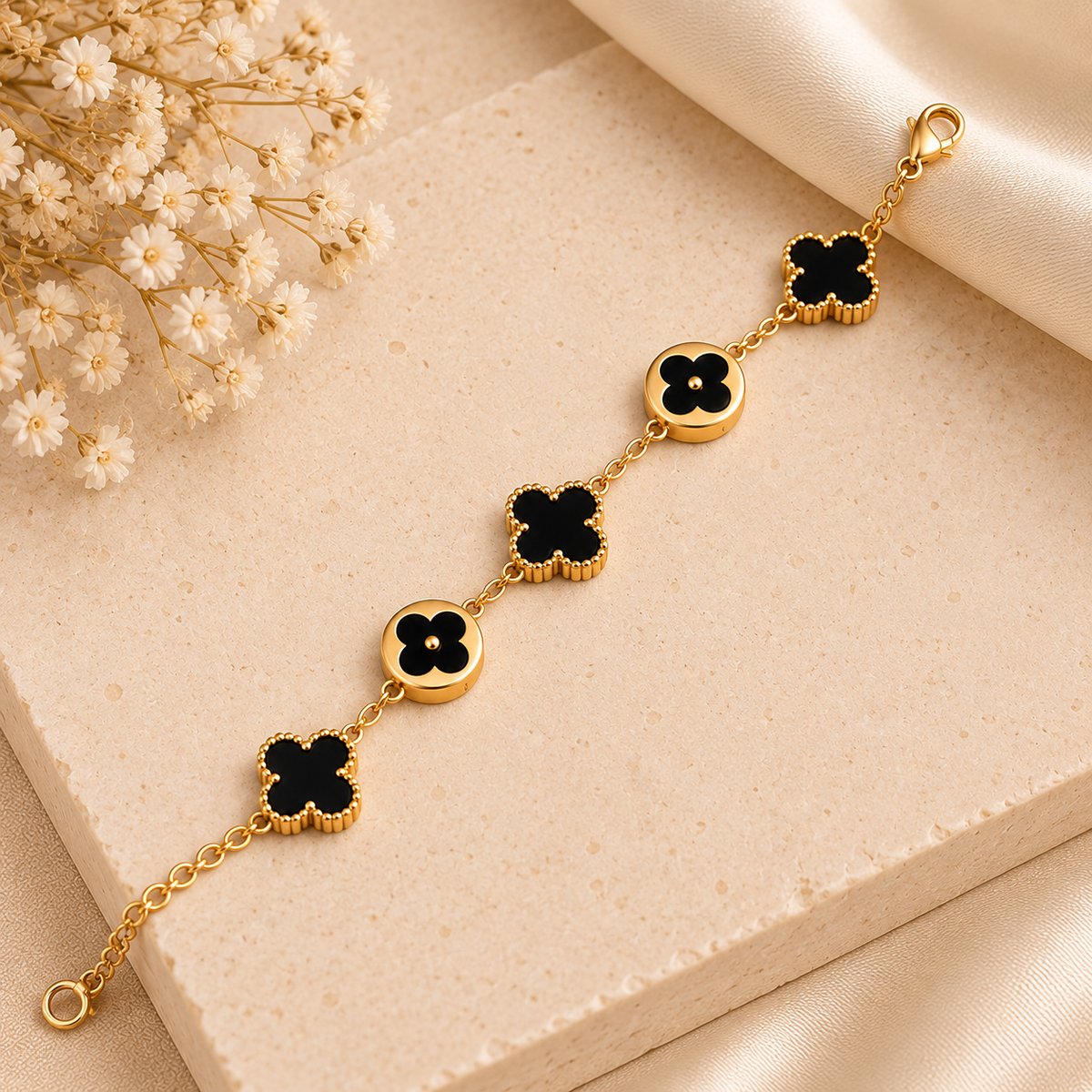 18K Gold Plated Black Clover Charm Bracelet