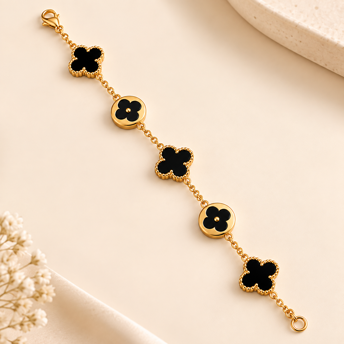 18K Gold Plated Black Clover Charm Bracelet