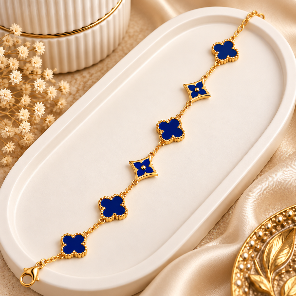 18K Gold Plated Royal Blue Clover Charm Bracelet