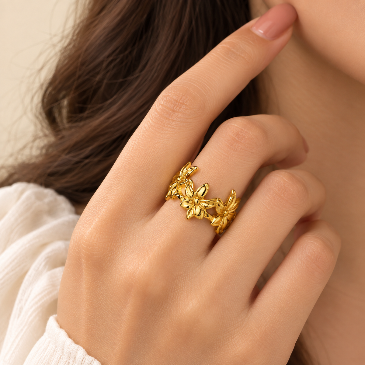 18K Gold-Plated Blossom Charm Floral Open Ring