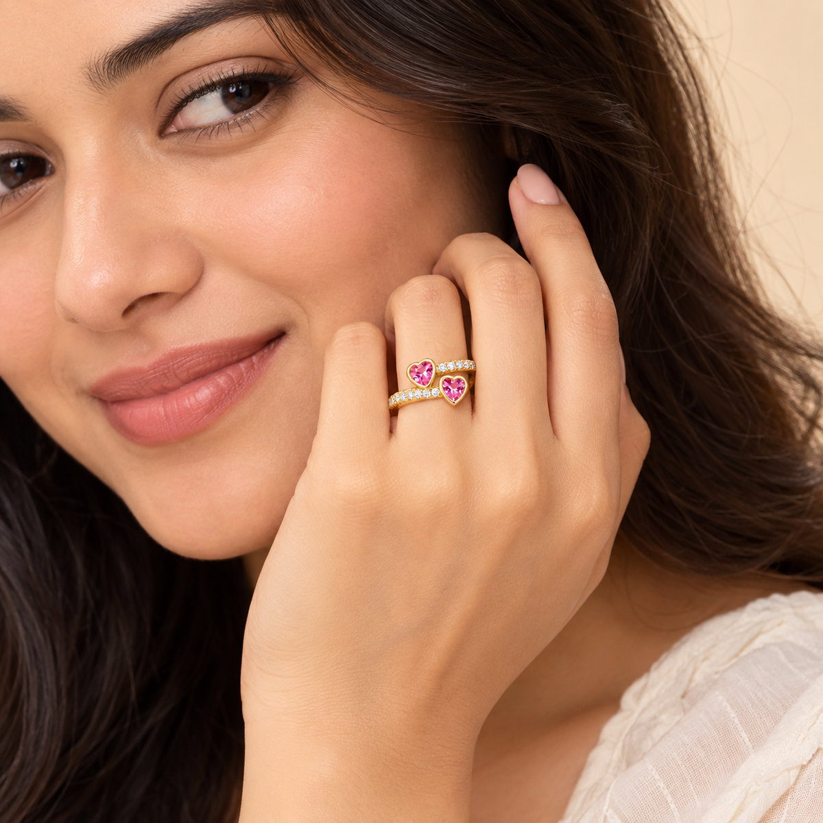 18K Gold-Plated Pink Heart Stone Ring