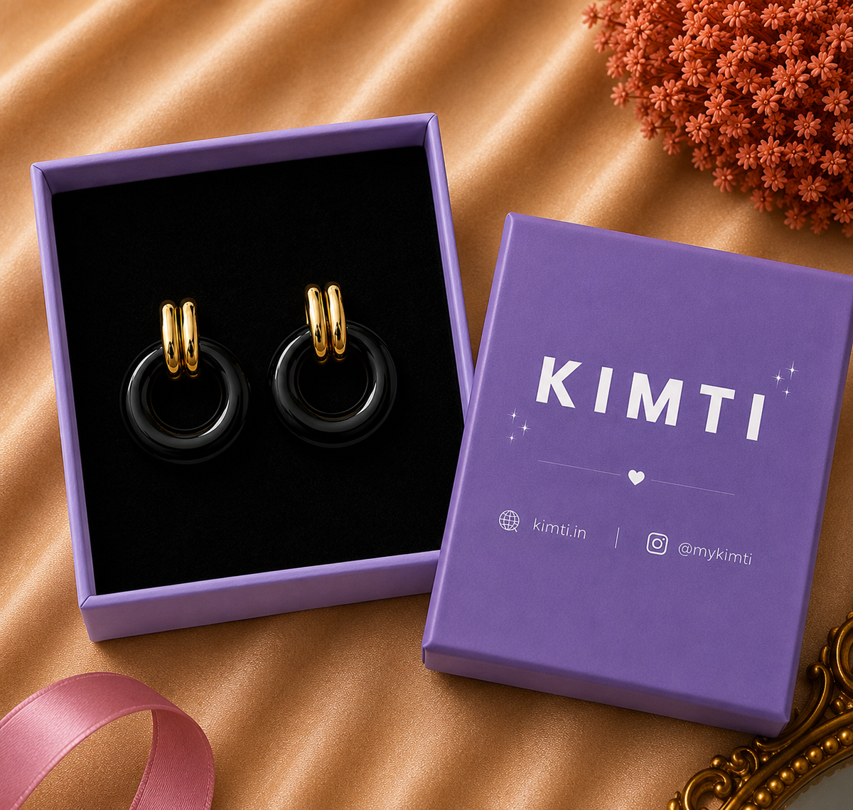 18K Gold Plated Black Onyx Gold Hoop Earrings