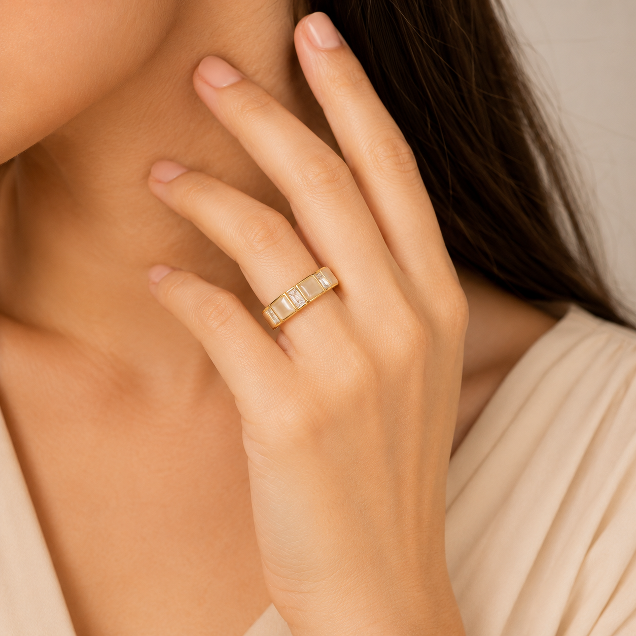18K Gold Plated Ivory Crystal Geometric Ring