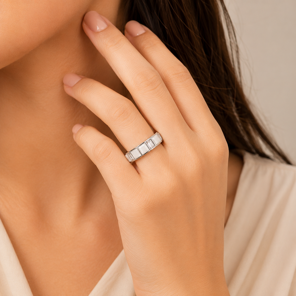 Silver Ivory Crystal Geometric Ring