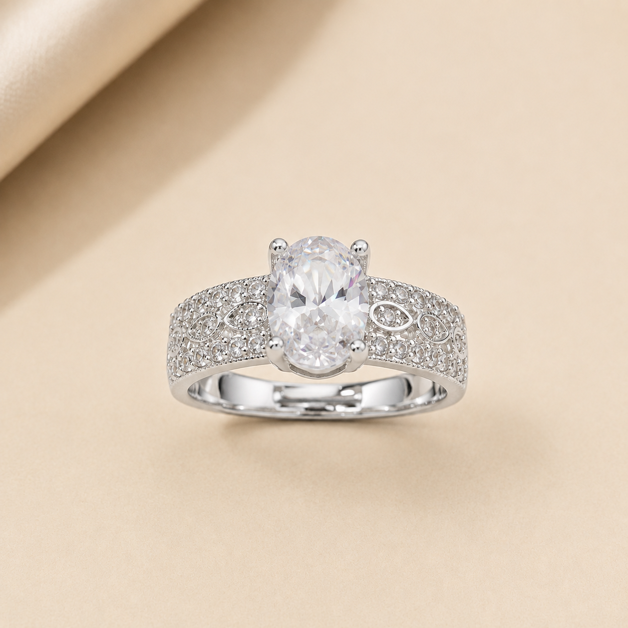 Silver Oval Solitaire Crystal Statement Ring