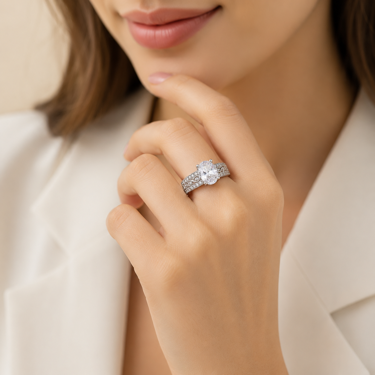 Silver Oval Solitaire Crystal Statement Ring