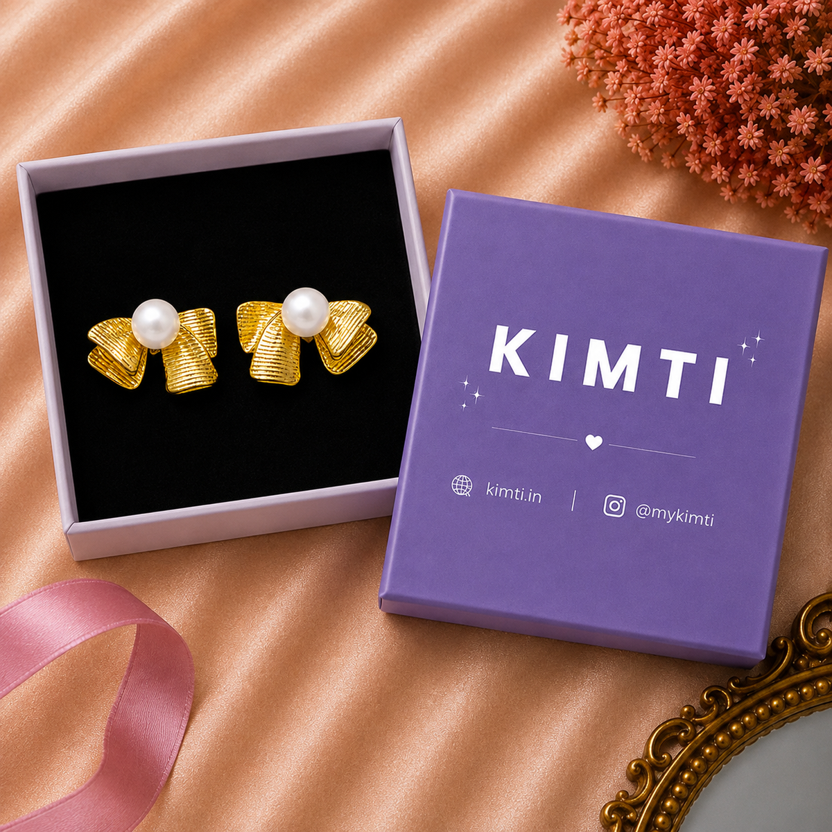 18K Gold Plated Pearl Luxe Ribbon Earrings