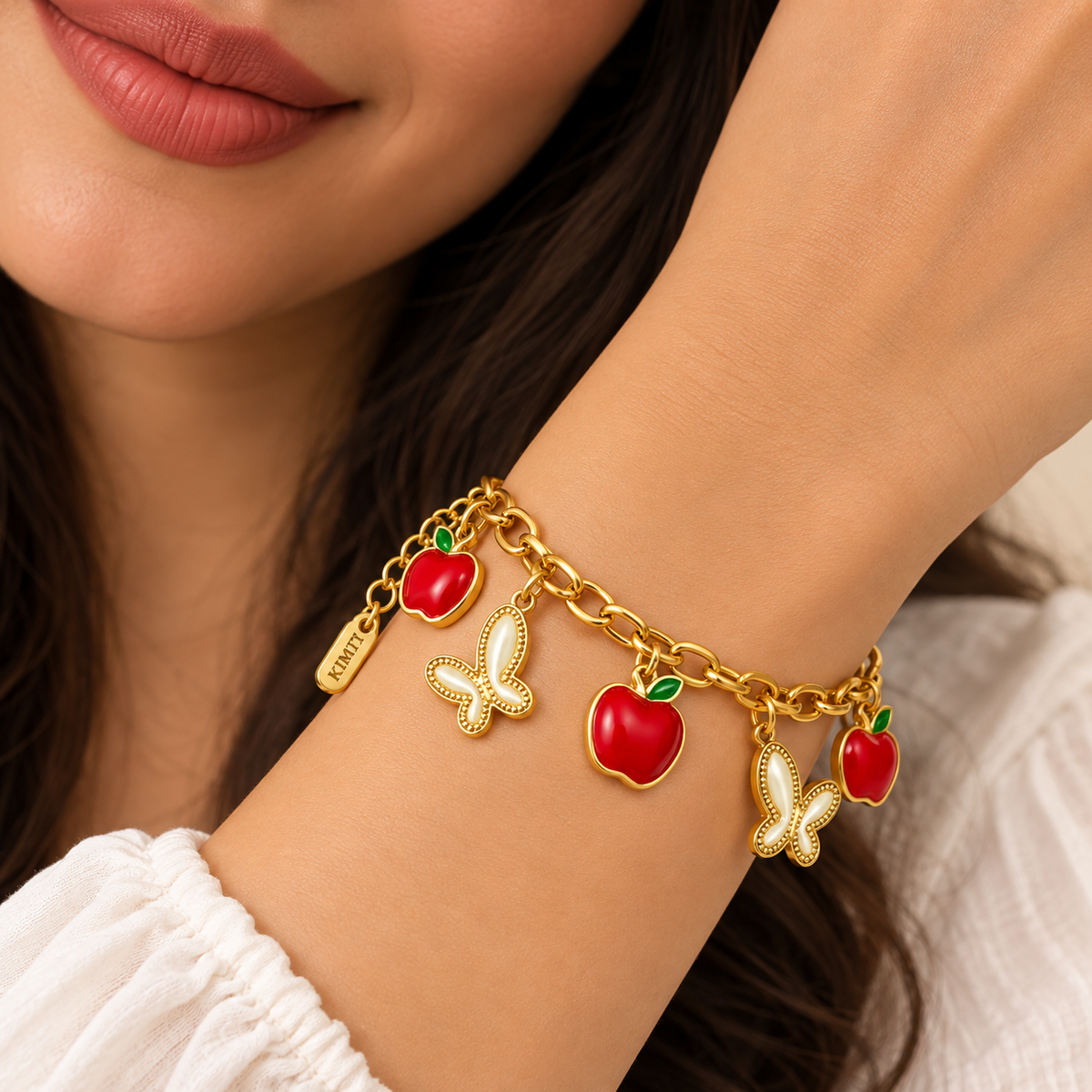 18K Gold Plated Red Apple & Butterfly Charm Bracelet