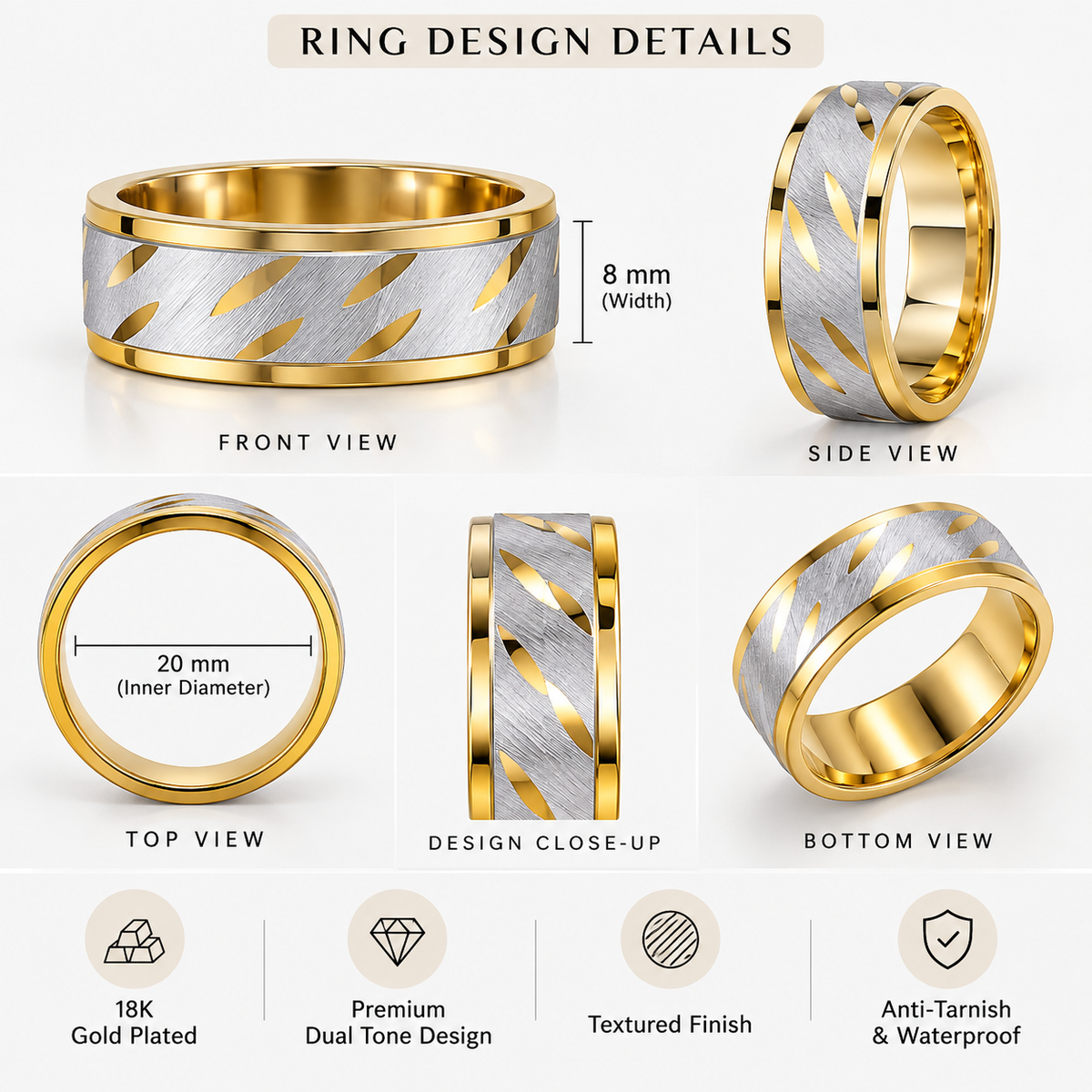 Men - 18K Gold-Plated Silver Accent Textured Band Ring