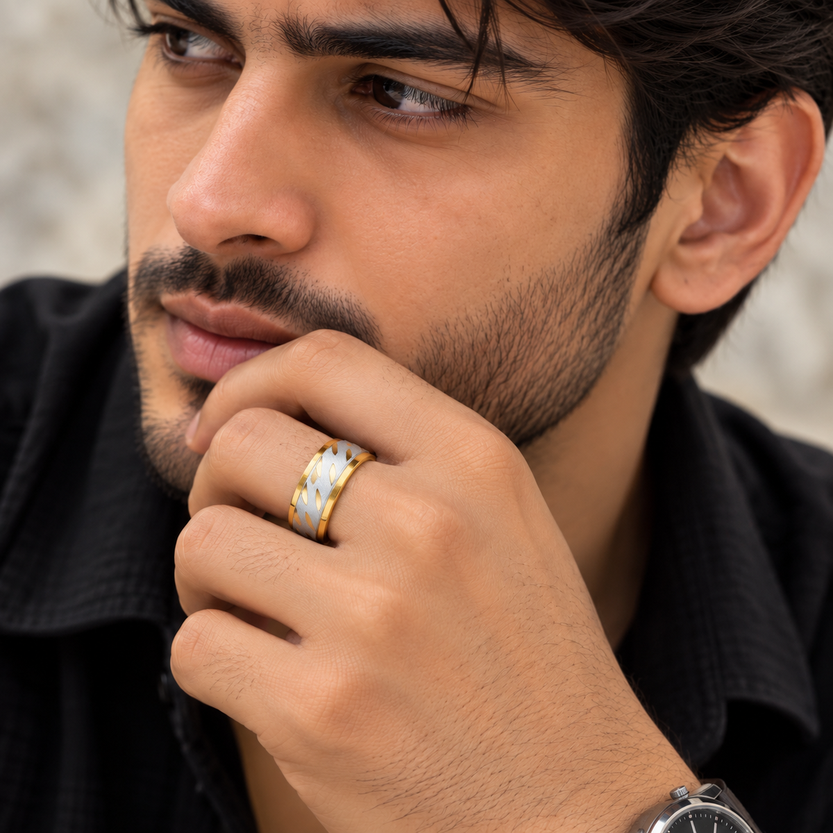 Men - 18K Gold-Plated Silver Accent Textured Band Ring