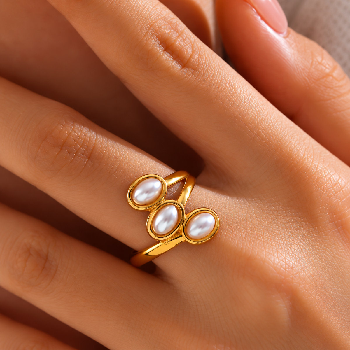 18K Gold-Plated Triple Pearl Statement Ring