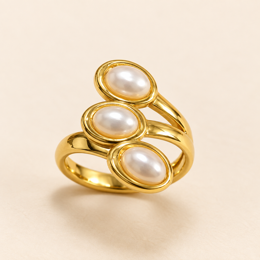 18K Gold-Plated Triple Pearl Statement Ring
