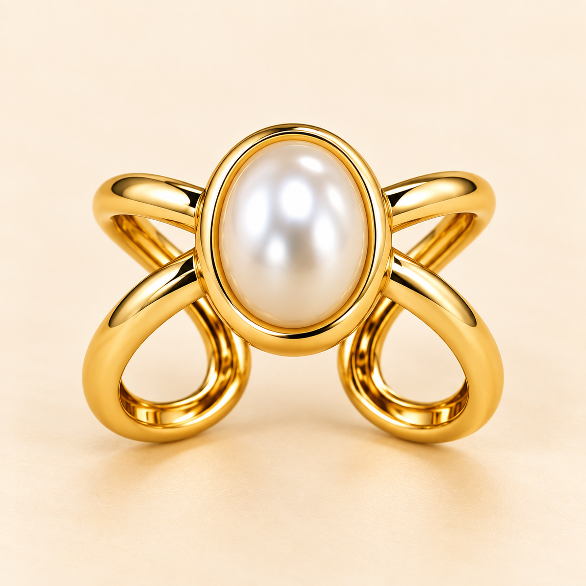18K Gold-Plated Pearl Crossover Statement Ring