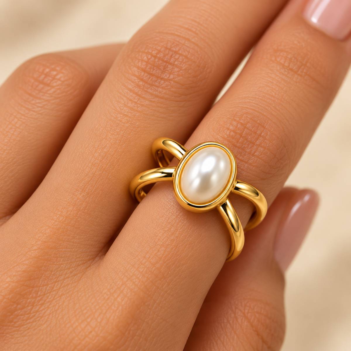 18K Gold-Plated Pearl Crossover Statement Ring