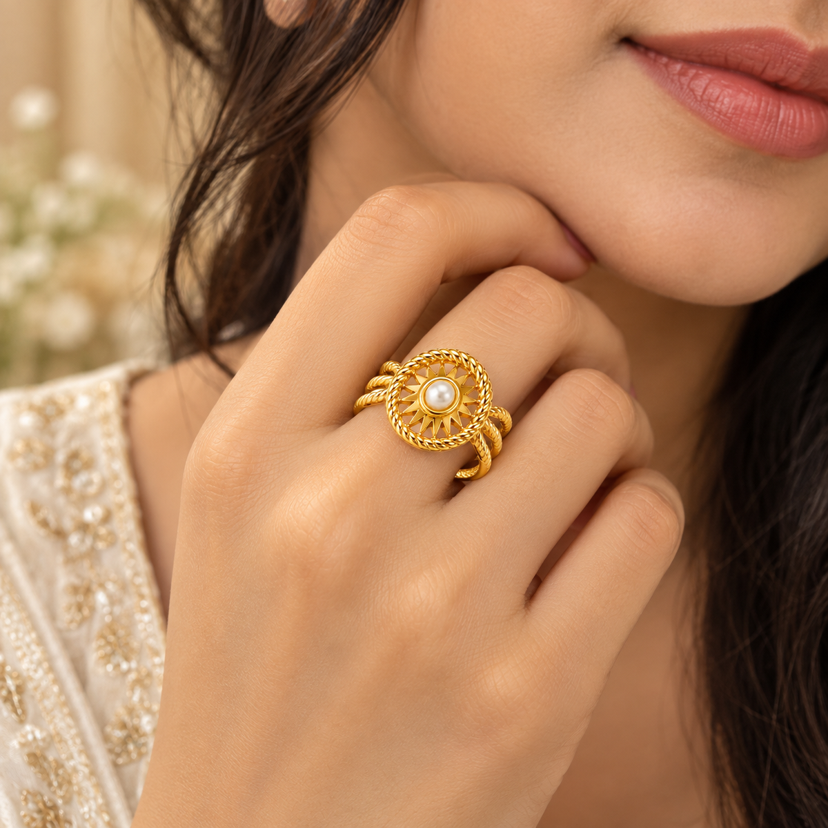 18K Gold-Plated Pearl Sunburst Statement Ring