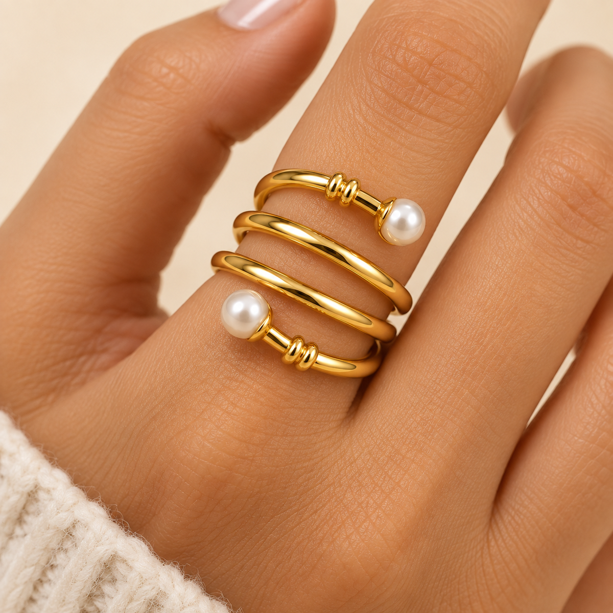 18K Gold-Plated Double Pearl Spiral Ring