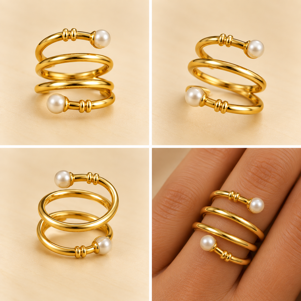 18K Gold-Plated Double Pearl Spiral Ring